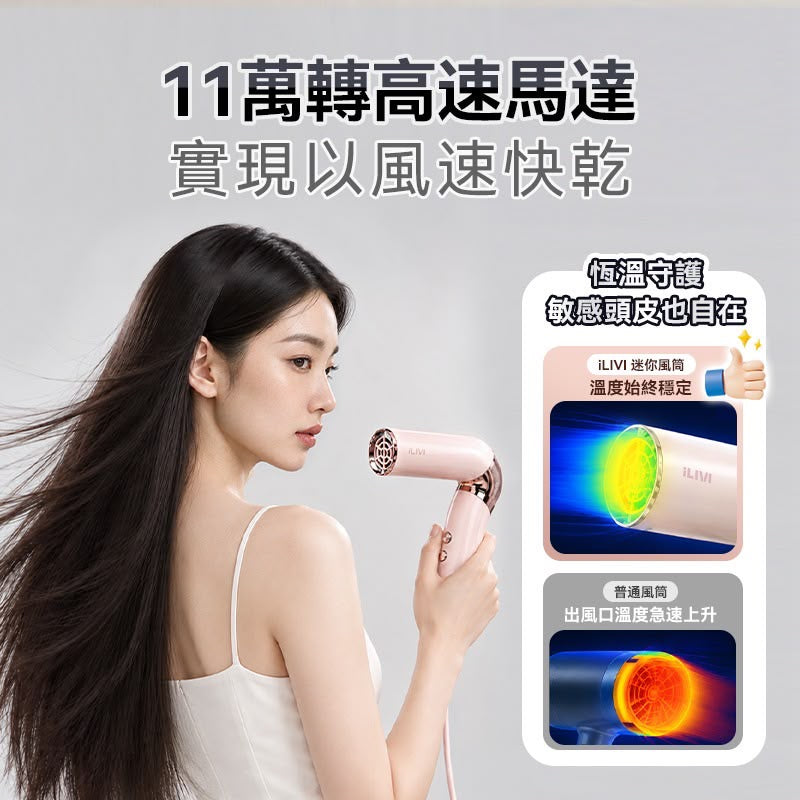德國iLIVI Mini 旋轉折疊收納輕量便攜負離子溫控護髮高速風筒 PRO